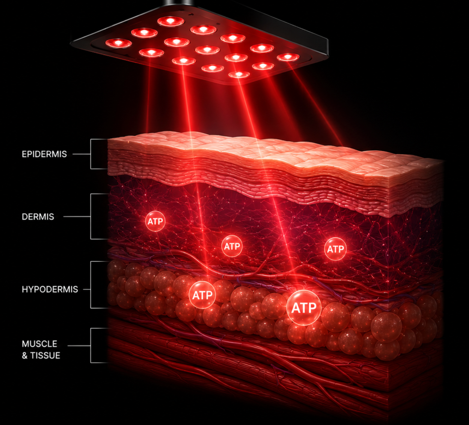 Skin cross-section showing red light penetrating through epidermis, dermis, hypodermis, and muscle layers